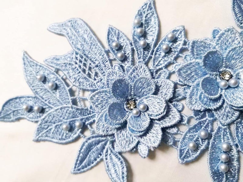 Ruinuo 3D Lace Beads Flower Applique Patches Sew on Patches Embroidery Appliques Rhinestone Sewing Wedding Dress Collar Decor Wathet - Image 2